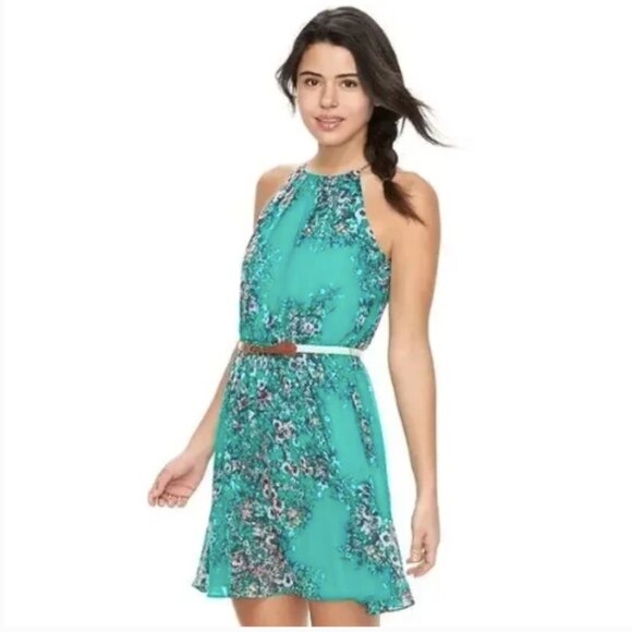 Iz‎ Byer Floral Thin Strap Pintuck Halter Chiffon Turquoise Dress NO BELT Sz S - Picture 1 of 11